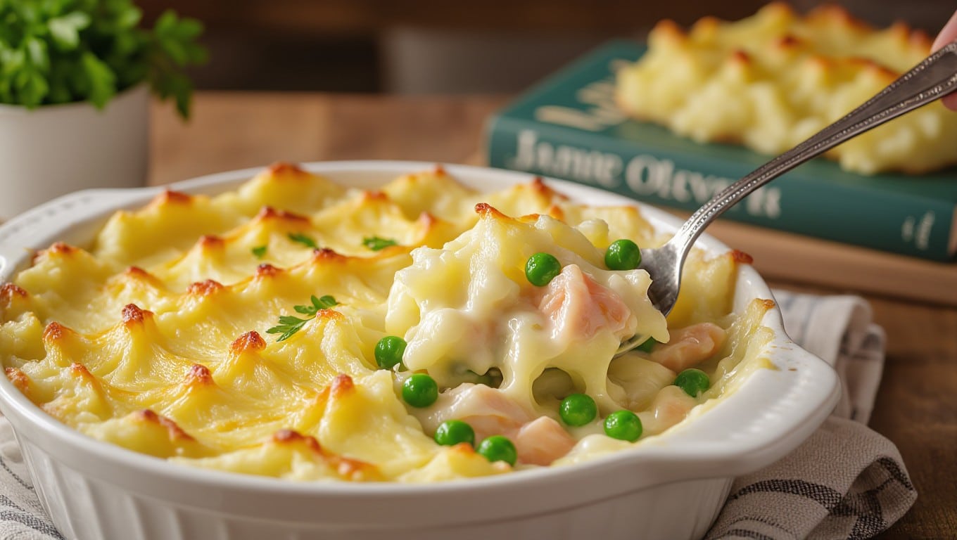 Close-up of creamy British fish pie with golden mashed potatoes, flaky white fish, and peas in white sauce, styled in a cozy kitchen.