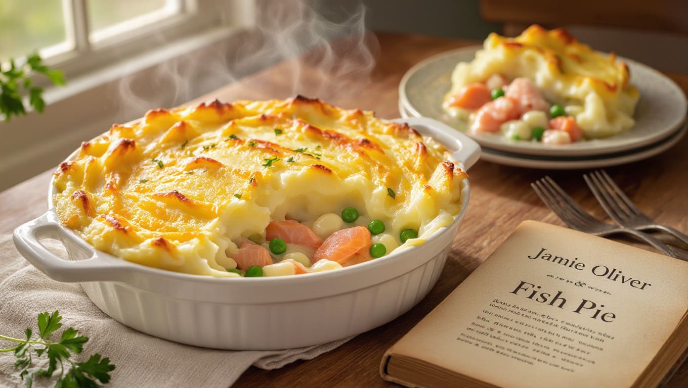 Cut-open creamy fish pie showing layers of salmon and cod in white sauce, topped with crispy golden mashed potatoes and fresh herbs.