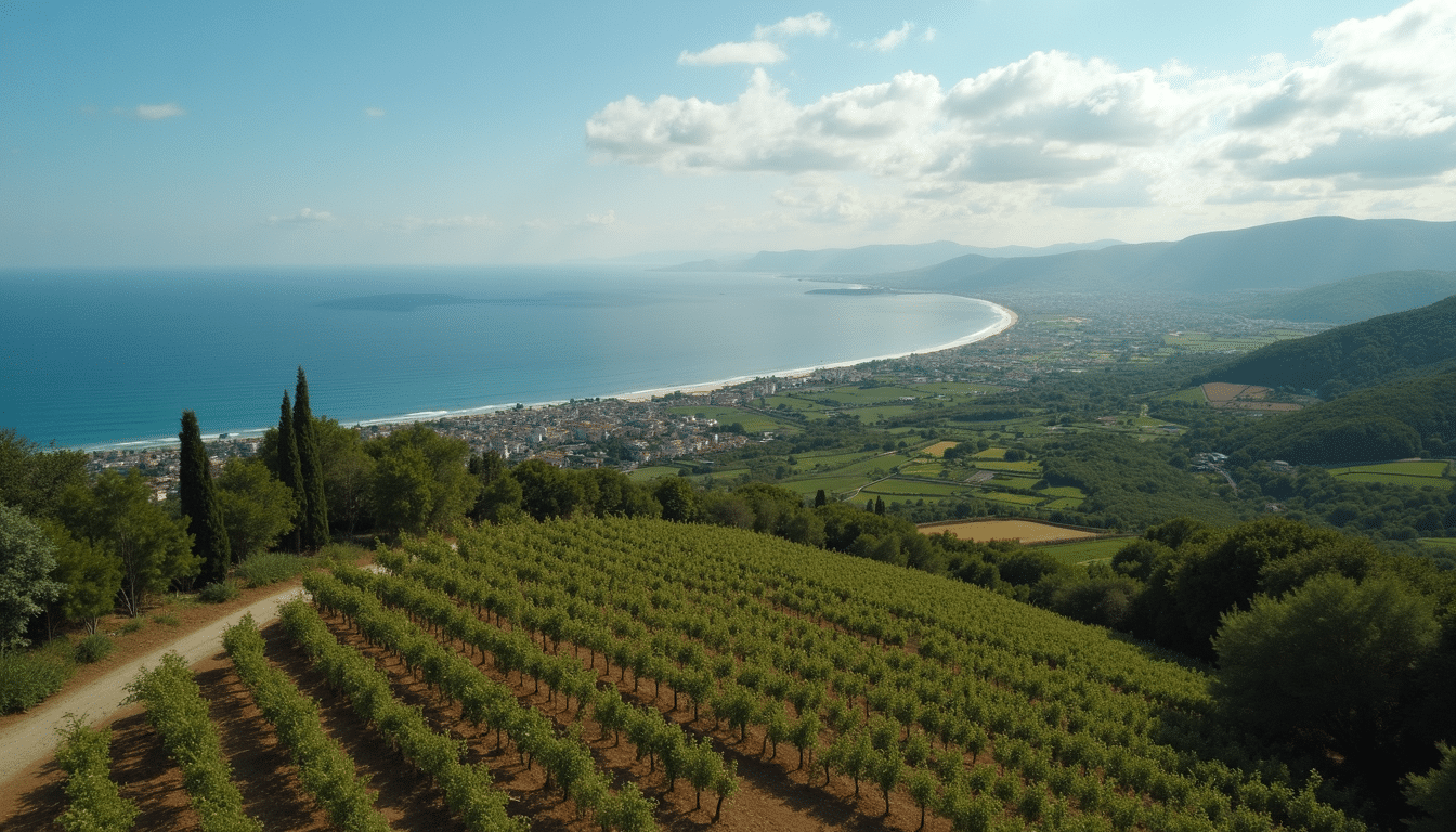 Aerial view of Italy showing vineyards, olive groves, and coastal villages.