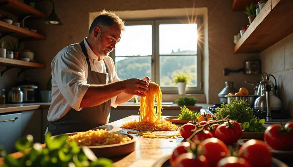 Italian chef preparing pasta in a rustic Tuscan kitchen
