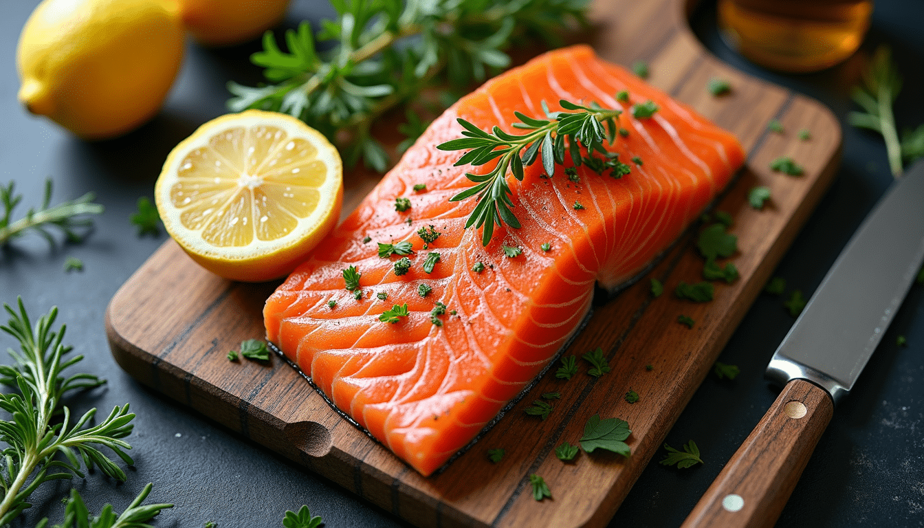 3 fresh ingredients — salmon, lemon, and herbs — on a rustic wooden kitchen counter.