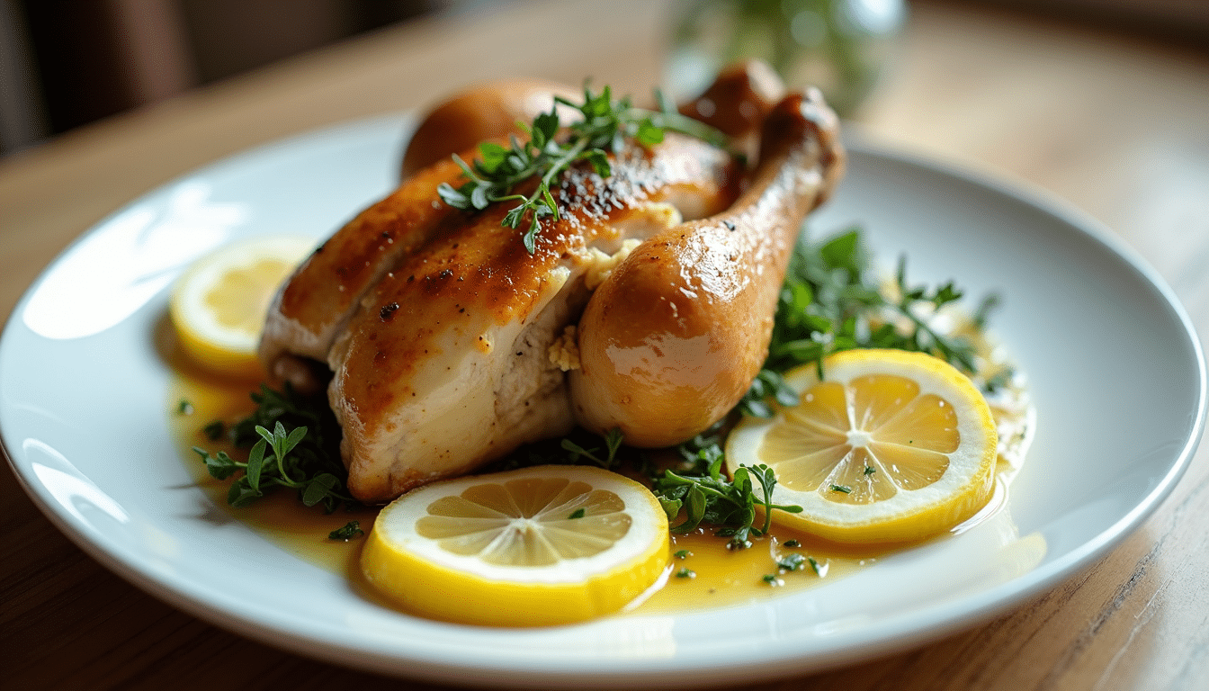 Plated roasted chicken with lemon and herbs in Jamie Oliver style.