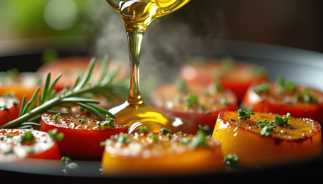 Olive oil drizzle over roasted vegetables, representing Jamie Oliver’s flavor hacks.