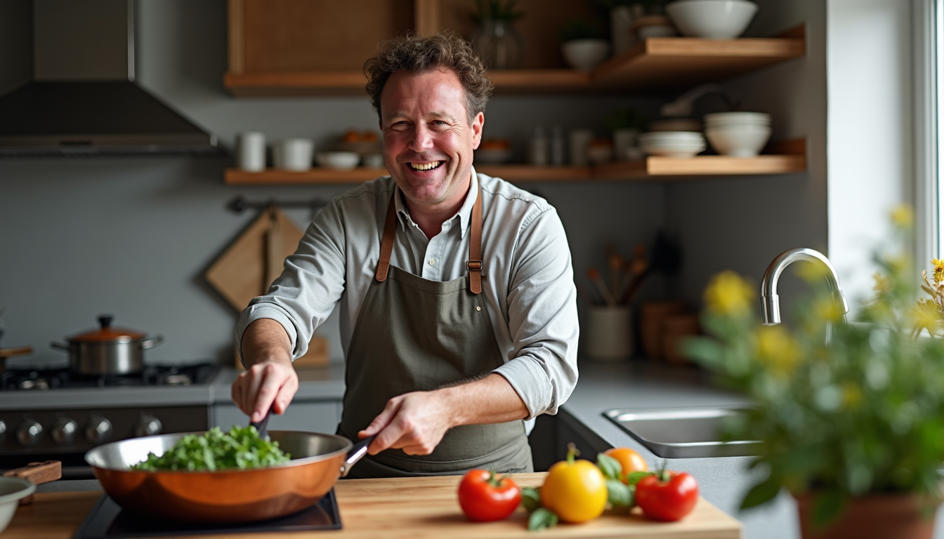 Jamie Oliver cooking a 3-ingredient meal in his kitchen.