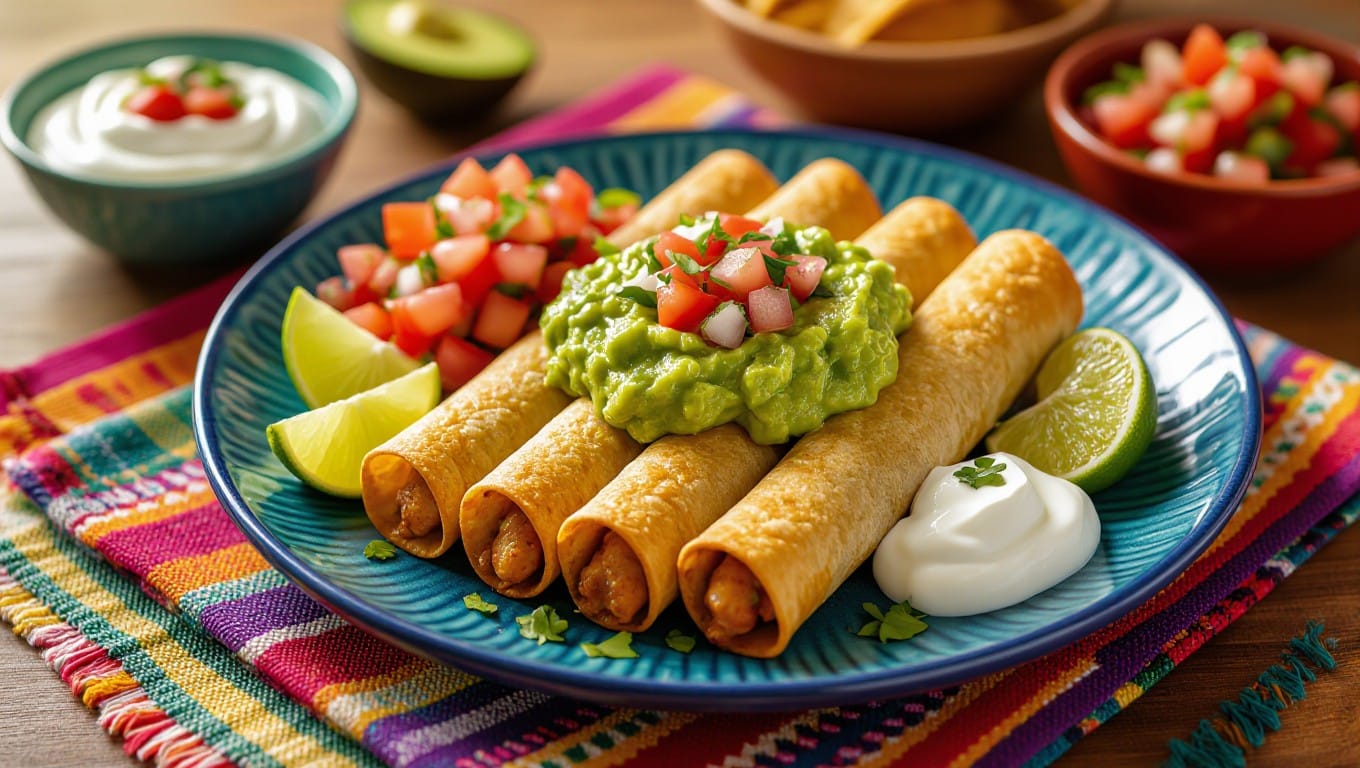A serving of crispy oven-baked taquitos with guacamole, salsa, and sour cream on a colorful tablecloth.