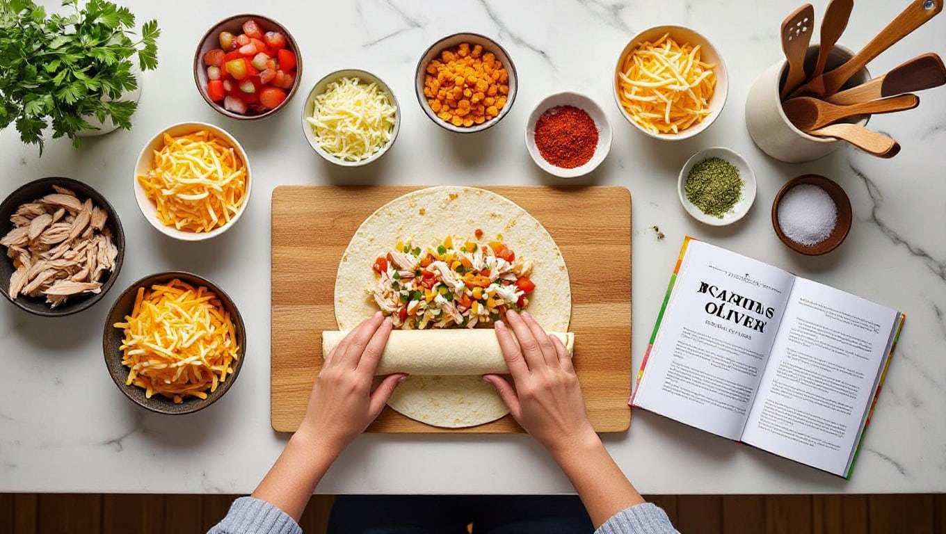 Hands preparing oven-baked chicken taquitos with fresh ingredients on a white marble countertop beside a Jamie Oliver cookbook.