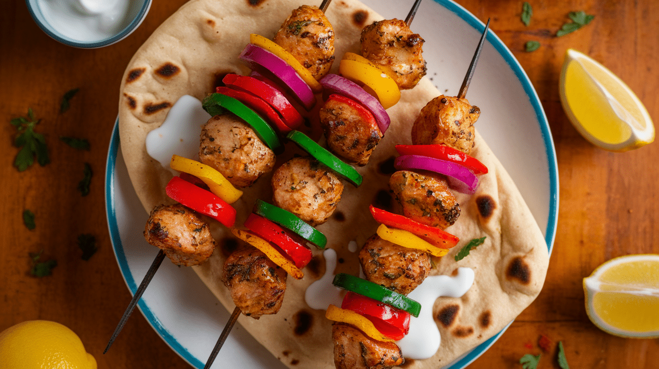 Jamie Oliver’s chicken tikka skewers with grilled peppers and onions on warm naan bread with yogurt drizzle and lemon wedges