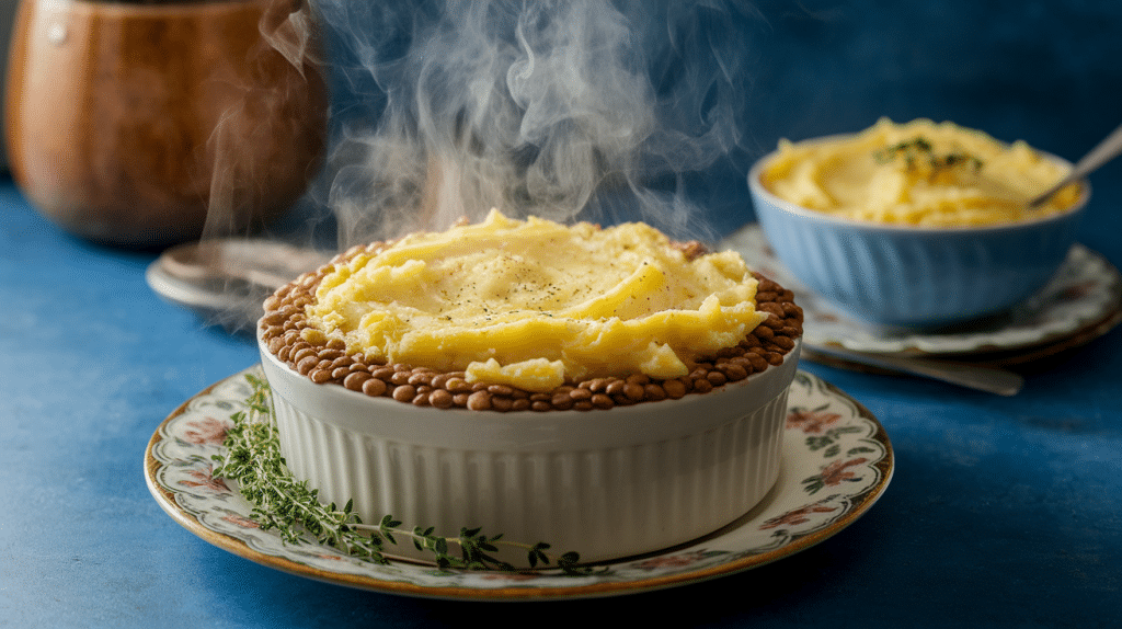 Lentil shepherd’s pie by Jamie Oliver topped with golden mashed potatoes and fresh thyme, steam rising from a rustic serving plate