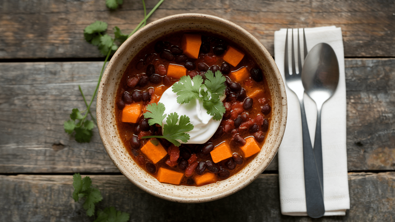 Jamie Oliver’s sweet potato and black bean chili served in a rustic ceramic bowl with sour cream and fresh cilantro on a wooden table