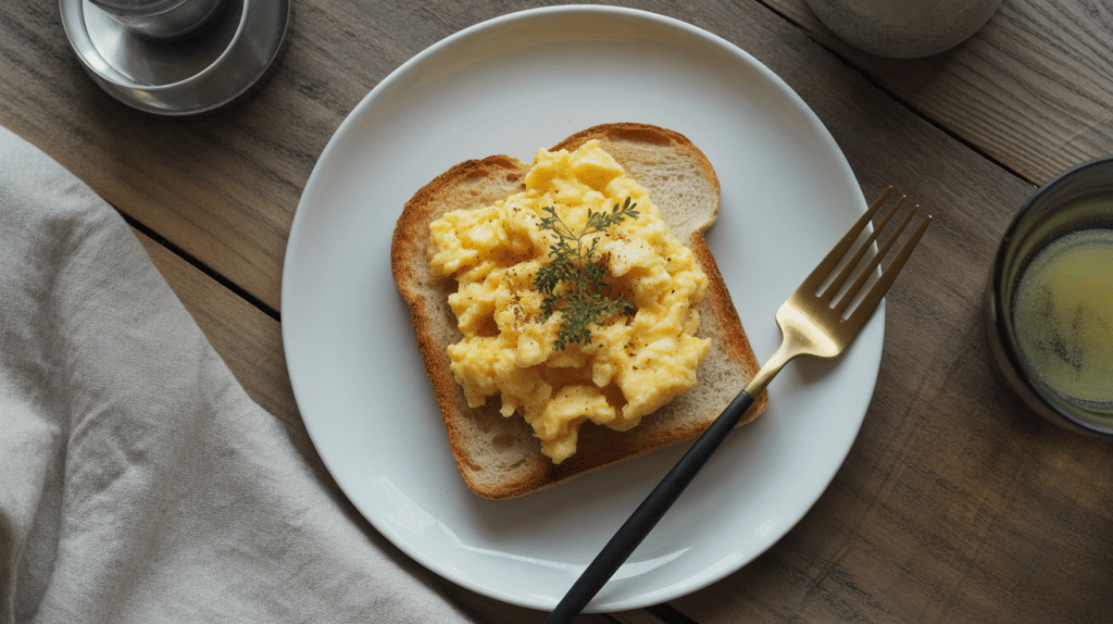 Truffle scrambled eggs on sourdough toast with truffle oil drizzle and fresh herbs