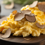 Creamy truffle scrambled eggs topped with shaved black truffle on a rustic wooden plate