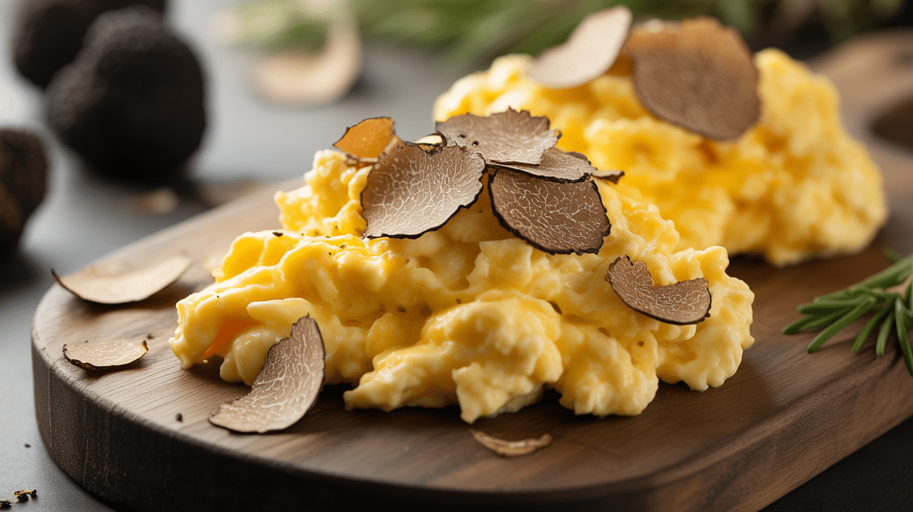 Creamy truffle scrambled eggs topped with shaved black truffle on a rustic wooden plate
