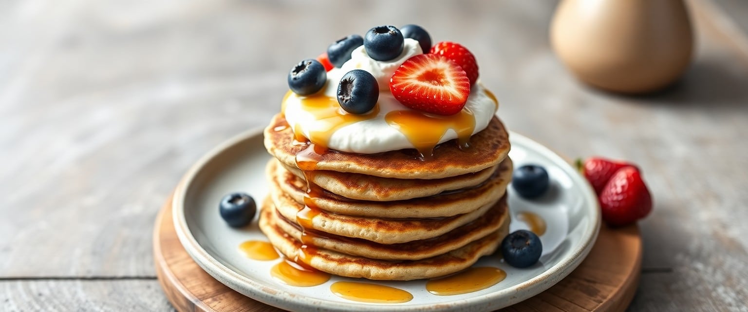 Stack of banana oat protein pancakes with berries and yogurt