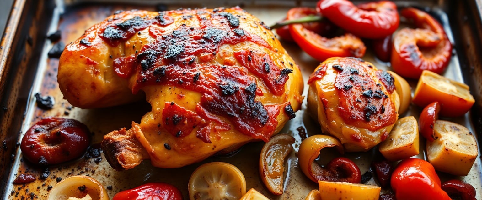 Jamie Oliver-style spicy chicken traybake with roasted vegetables in a rustic baking tray