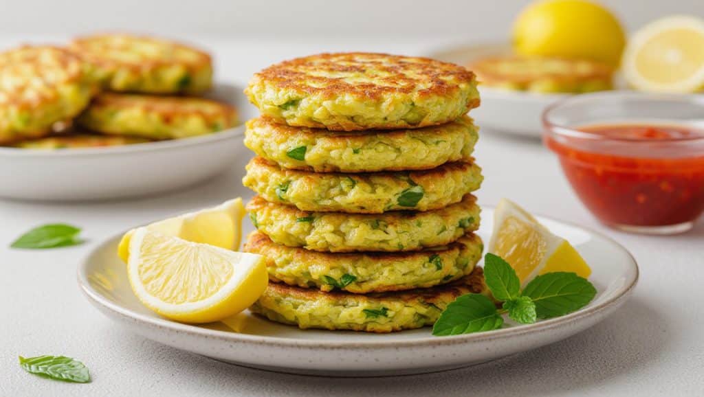 Stacked courgette fritters with lemon and sweet chilli sauce