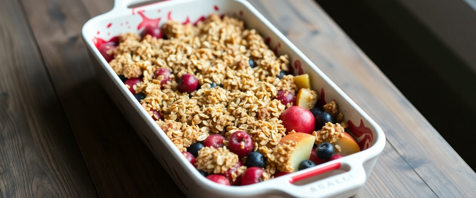 Summer fruit crumble with oats bubbling in a baking dish
