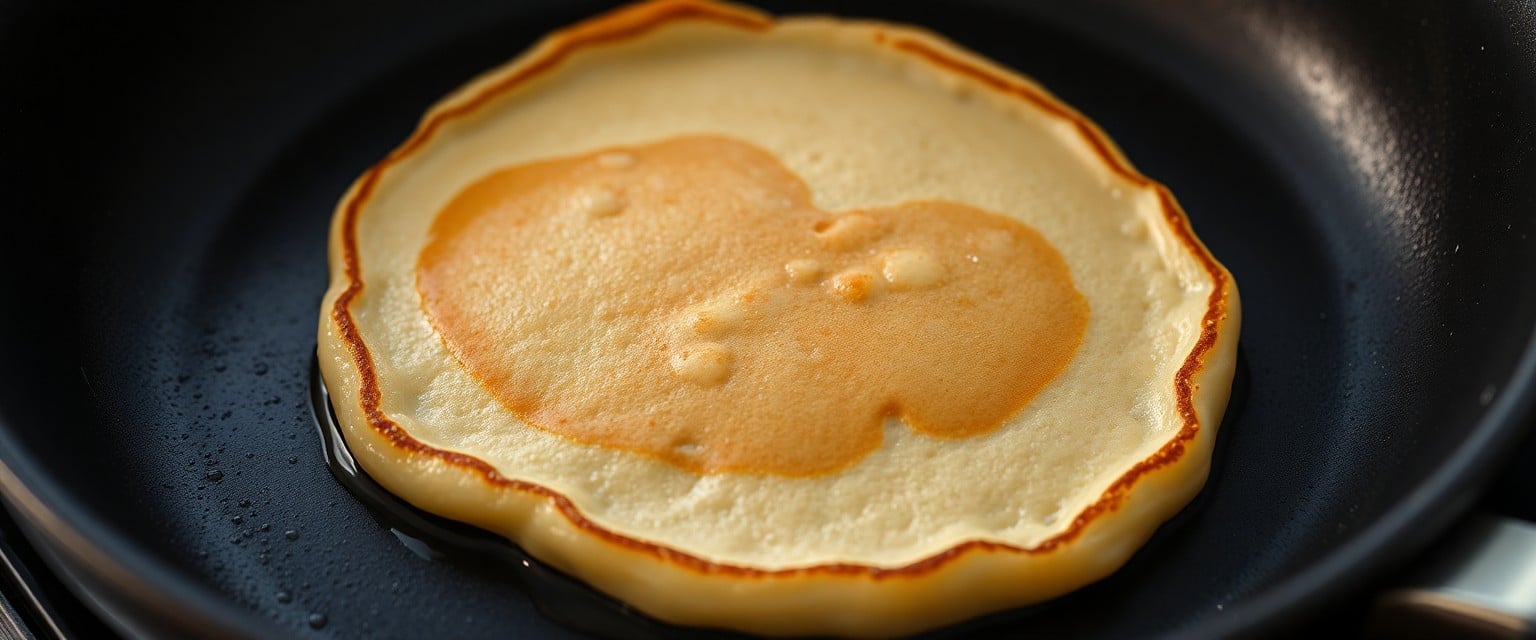 Banana oat pancakes cooking in skillet