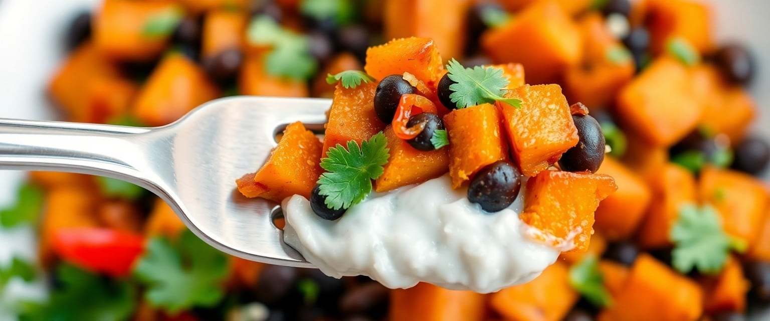 Fork lifting a bite of sweet potato black bean hash with cilantro