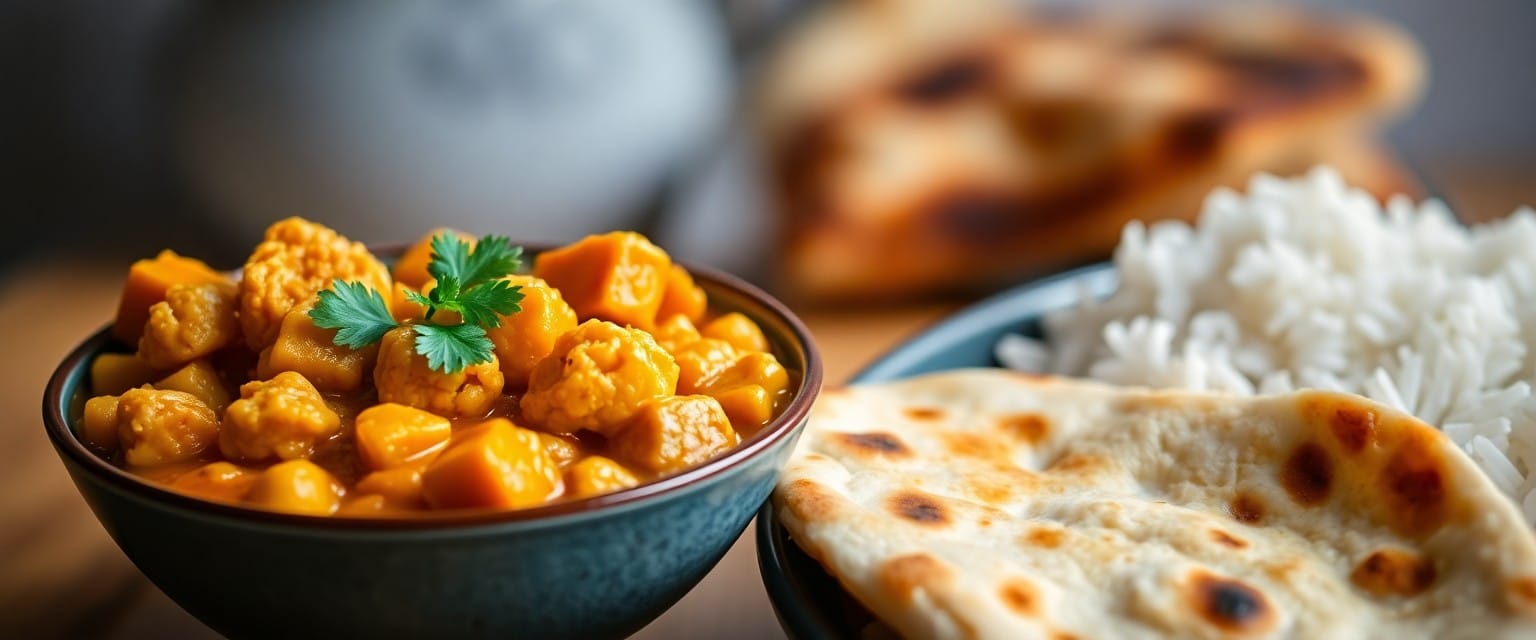 Vegetarian cauliflower chickpea curry served with naan and rice