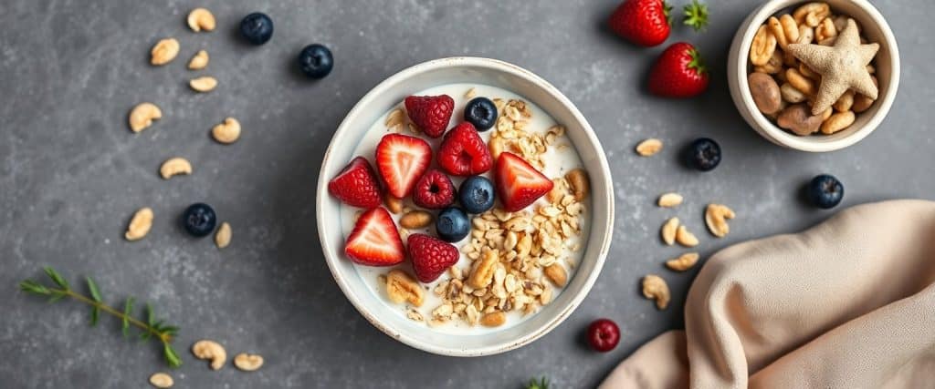 Healthy breakfast bowl inspired by Jamie Oliver with oats, berries, and nuts