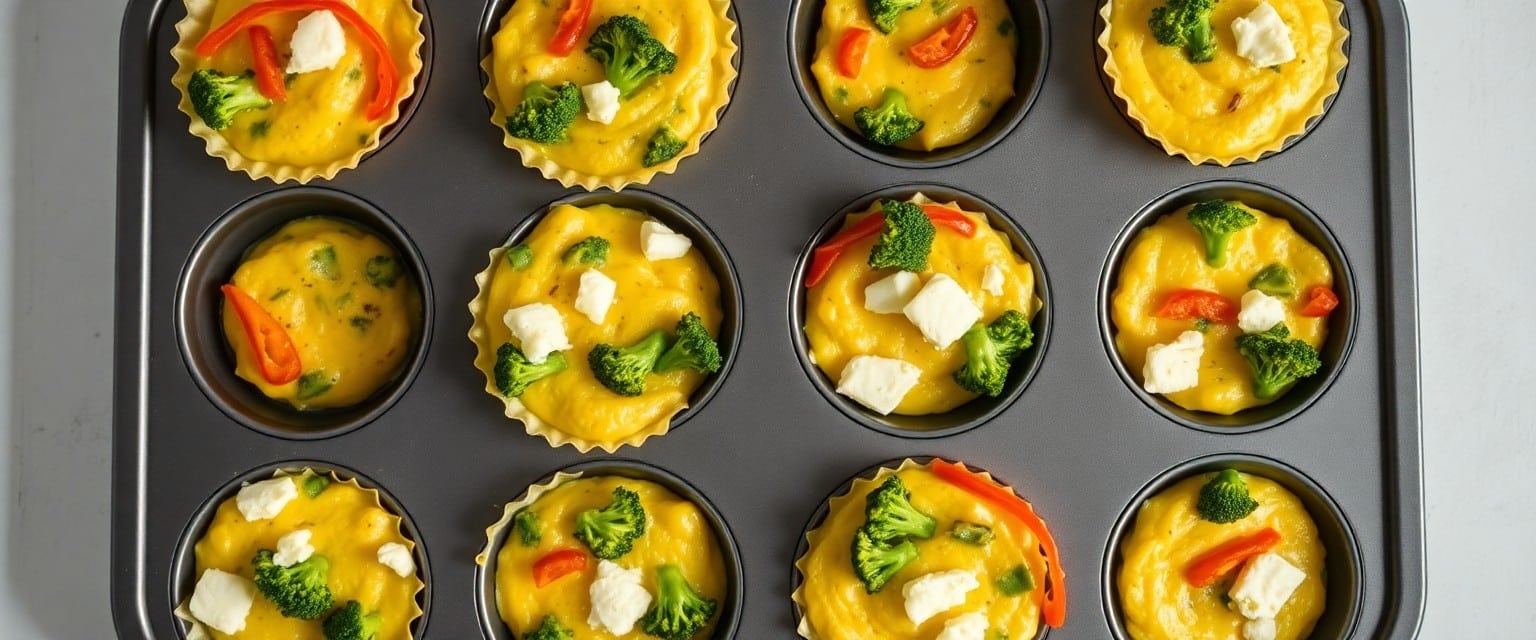 Veggie egg muffins in muffin tin, broccoli and peppers