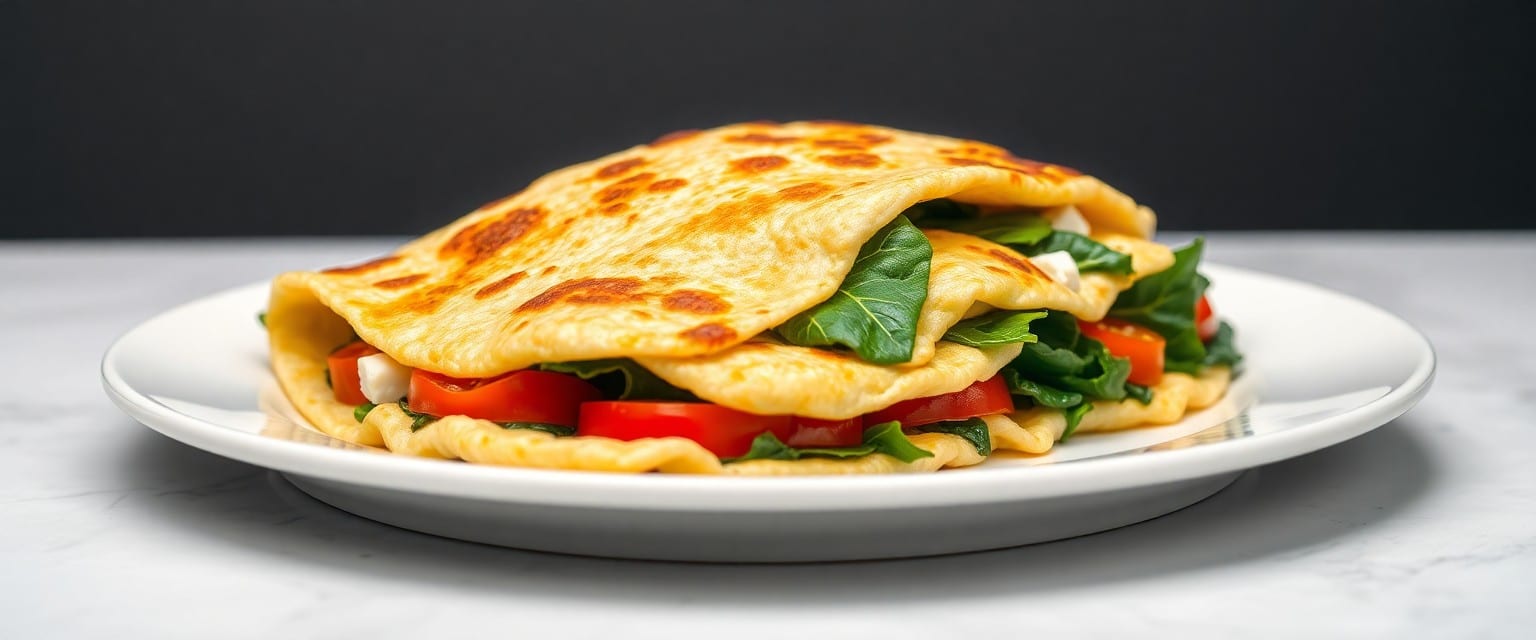 Fluffy veggie omelette with spinach, tomatoes, peppers