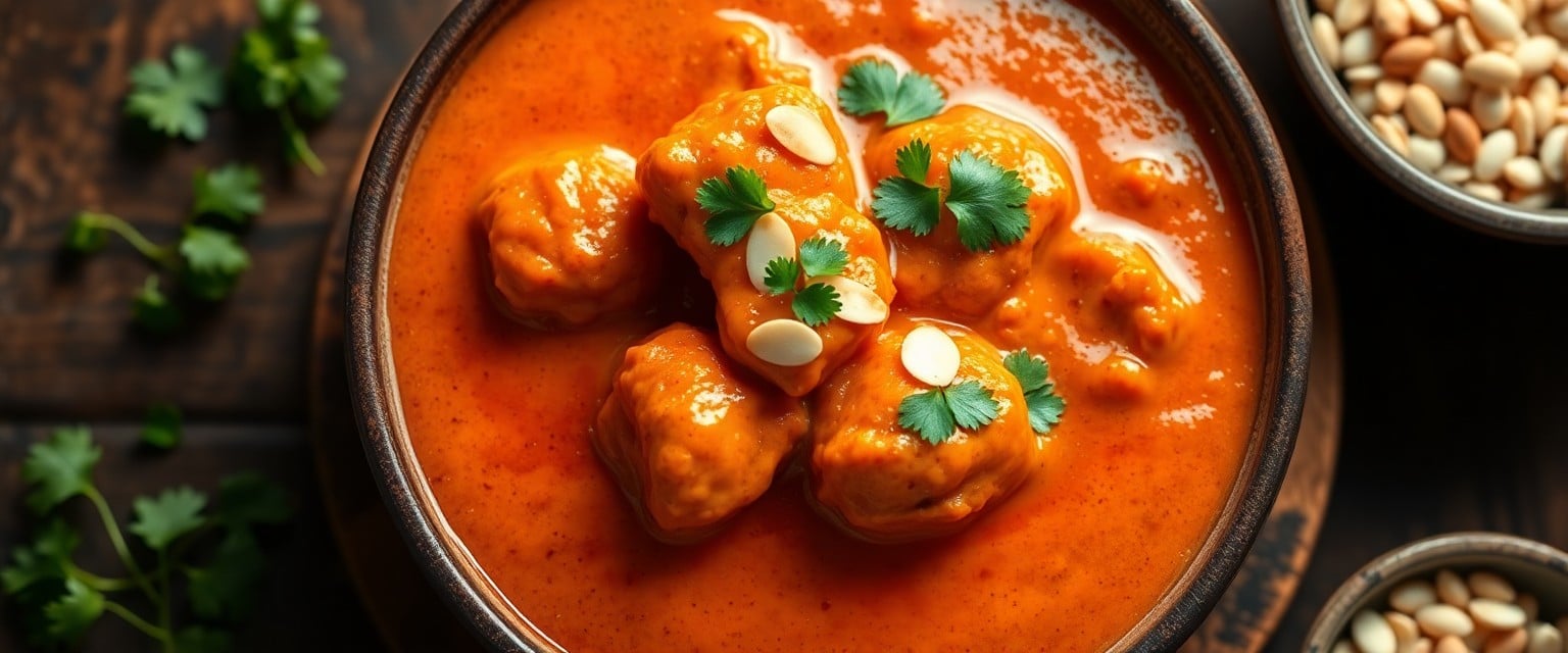 Bowl of homemade chicken tikka masala garnished with cilantro and almonds