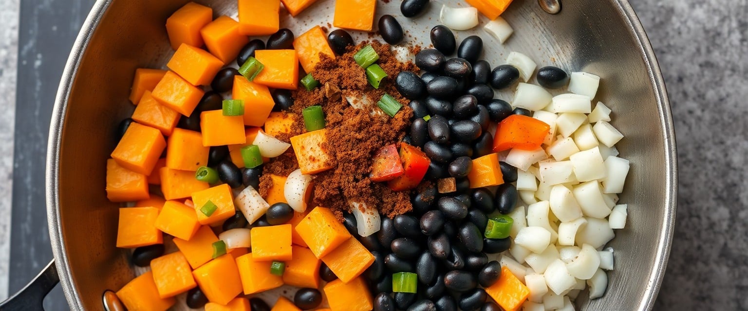 Raw ingredients for sweet potato black bean hash in skillet
