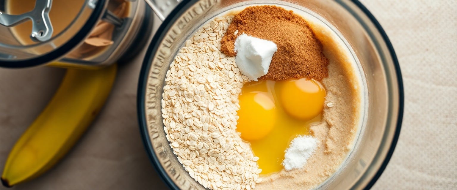 Banana oat protein pancake ingredients before blending