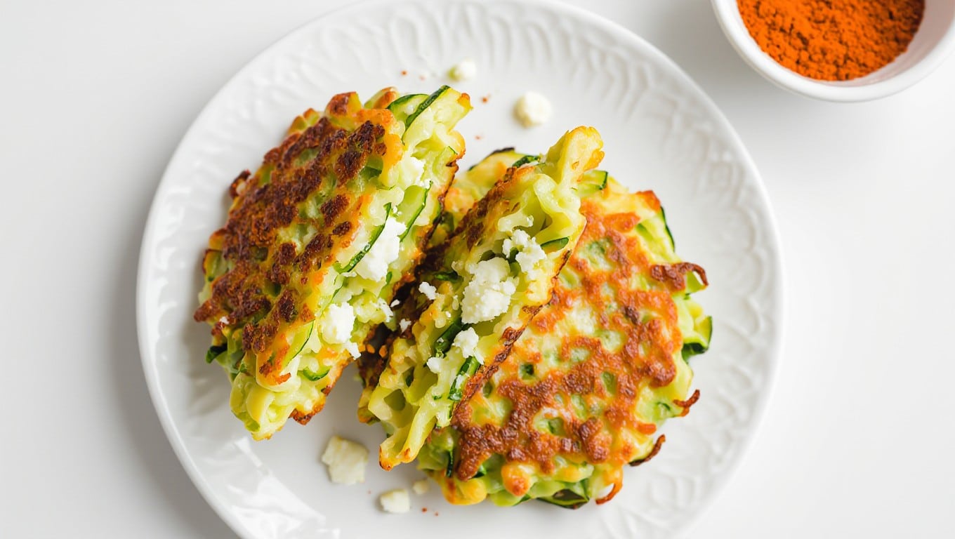 Cross-section of courgette fritter showing feta and zucchini