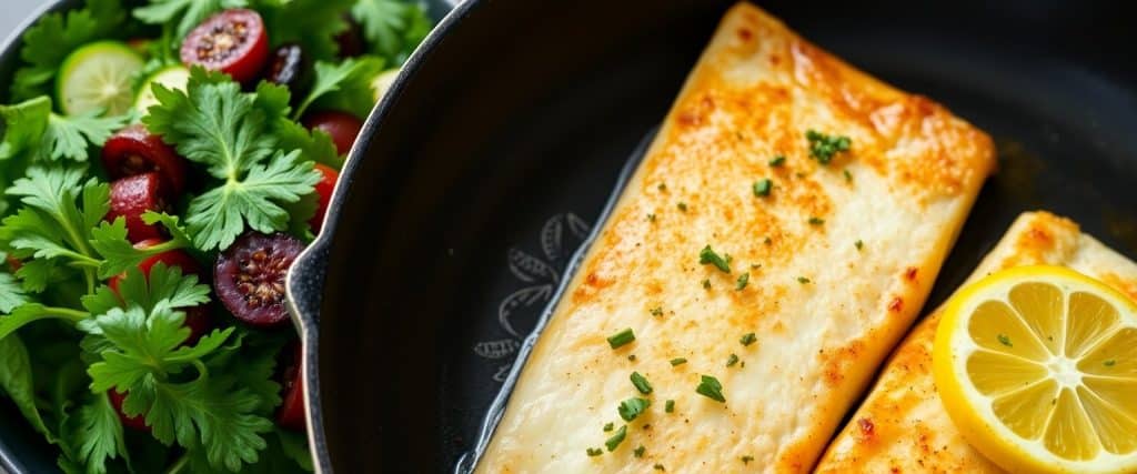 Pan-fried fish fillets with salad garnish