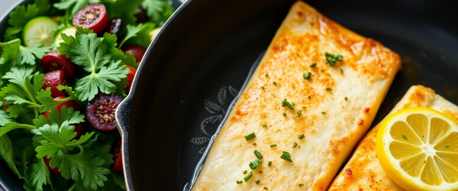 Pan-fried fish fillets with salad garnish