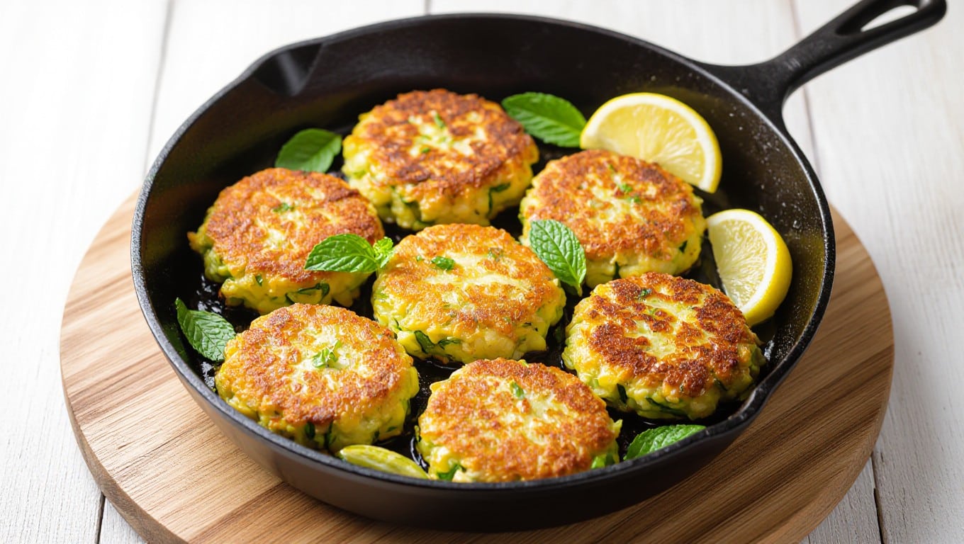 Crispy courgette and feta fritters garnished with mint and lemon