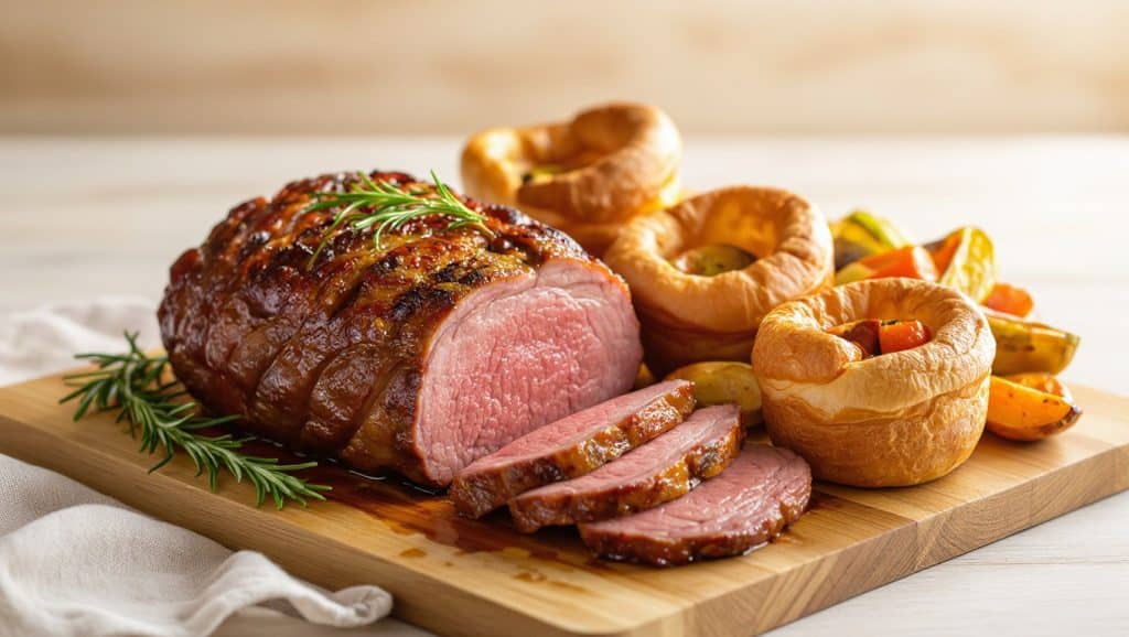 Sliced roast beef with Yorkshire puddings and roasted vegetables