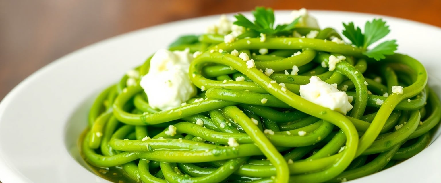 Super green spaghetti with cavolo nero and ricotta