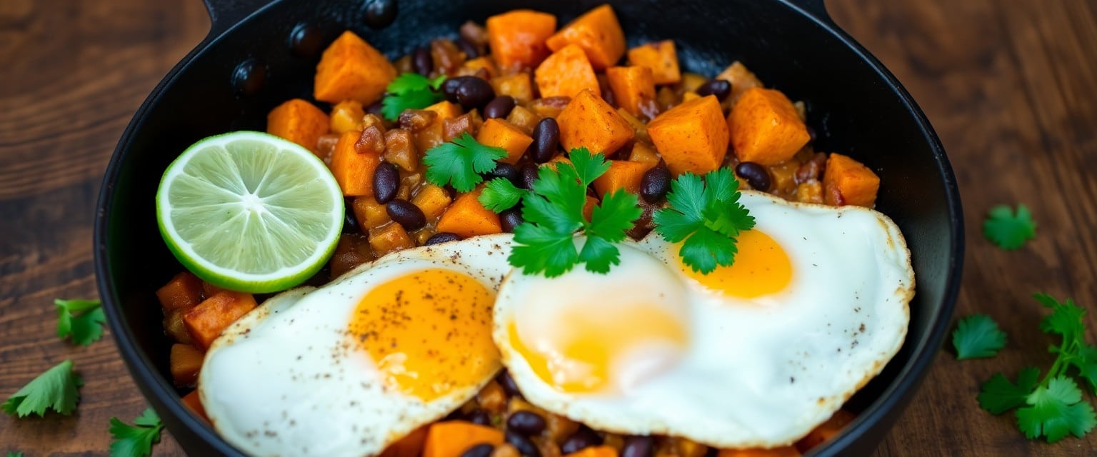 Sweet potato and black bean hash in skillet garnished with cilantro and lime wedge