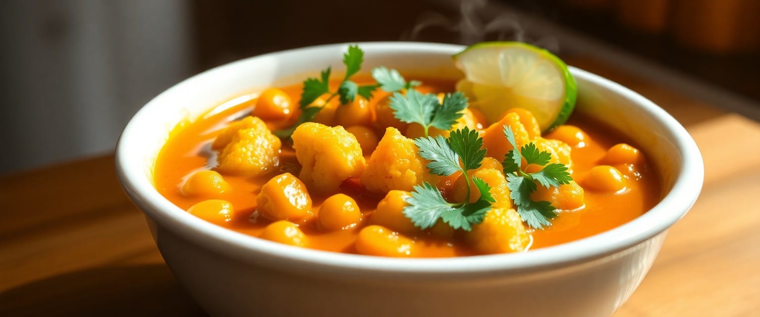 Chickpea and cauliflower curry in a bowl topped with fresh coriander and lime
