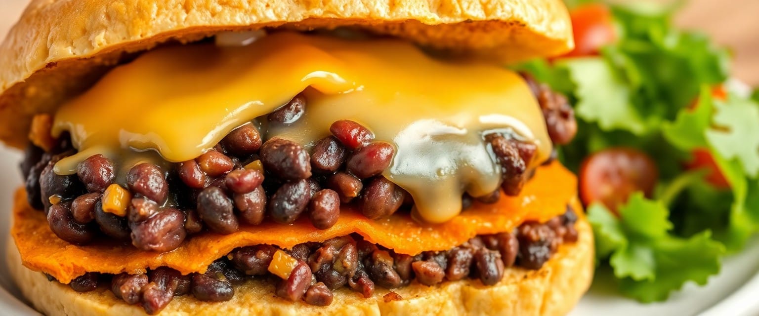 Cross section of smoky veggie burger with visible black beans and sweet potato