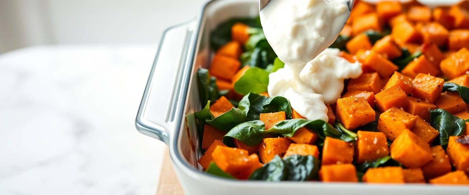 Layering roasted sweet potato cubes and spinach in lasagna dish