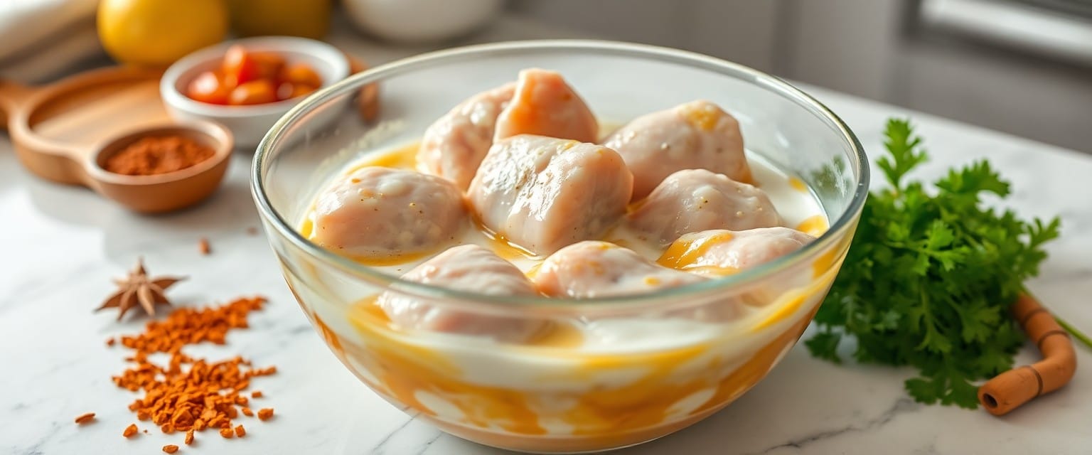 Marinating chicken in spiced yogurt and garlic‑ginger paste