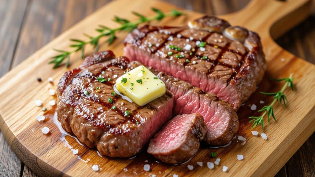 Medium rare steak sliced with melted garlic butter and herbs