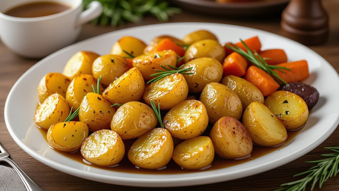 Platter of crispy roast potatoes with garlic and rosemary served with gravy