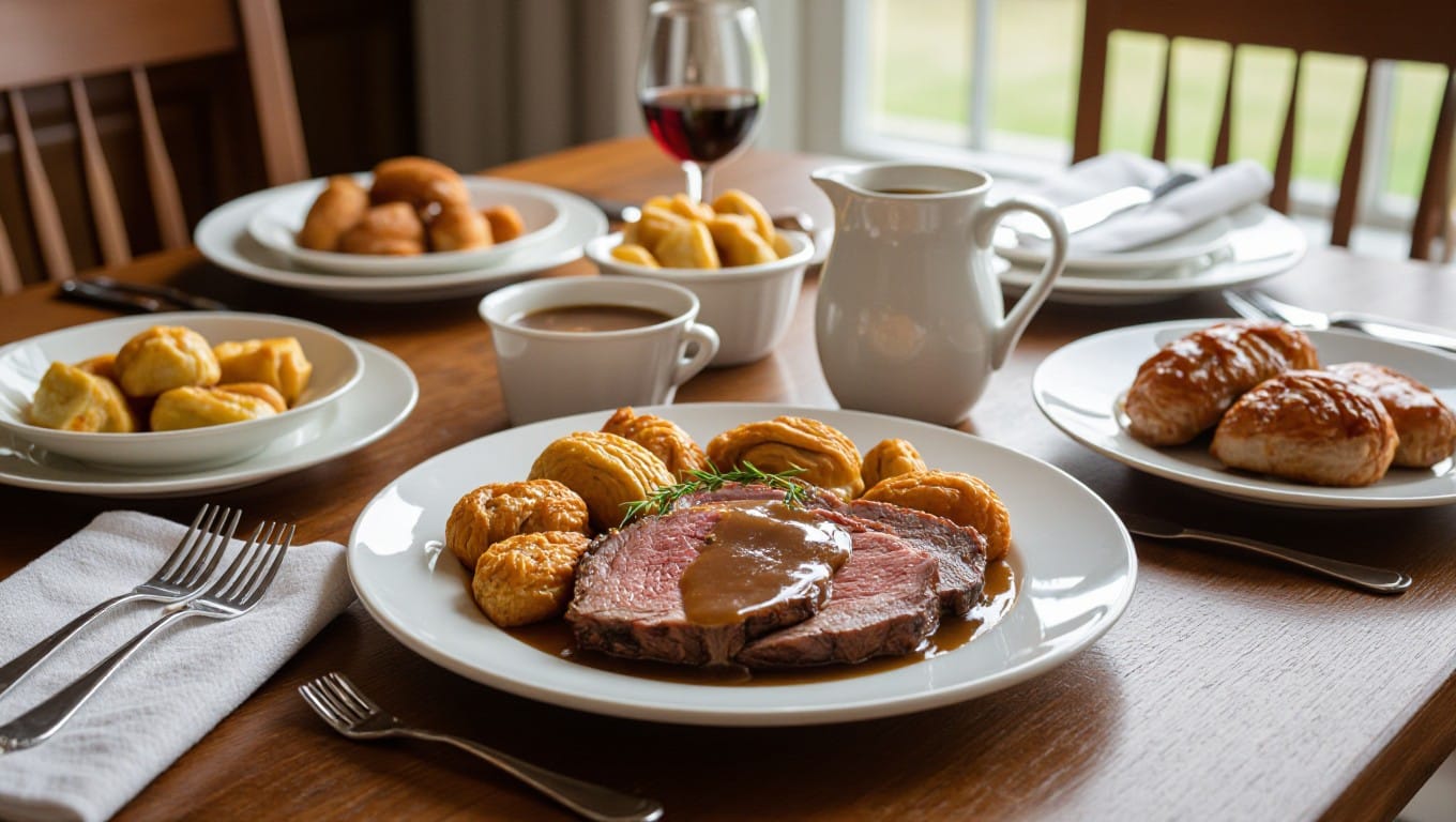 Sunday roast spread with beef and Yorkshire puddings on table