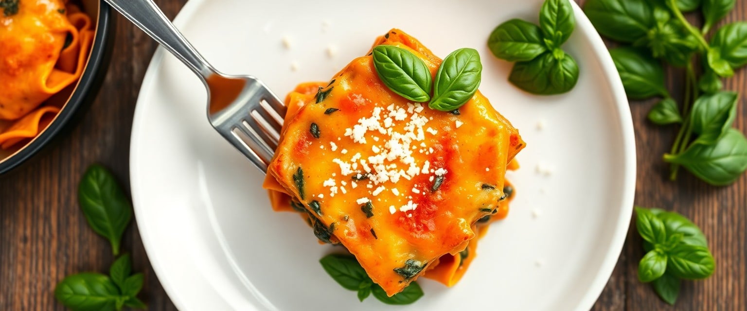 Slice of sweet potato spinach lasagna garnished with basil and parmesan