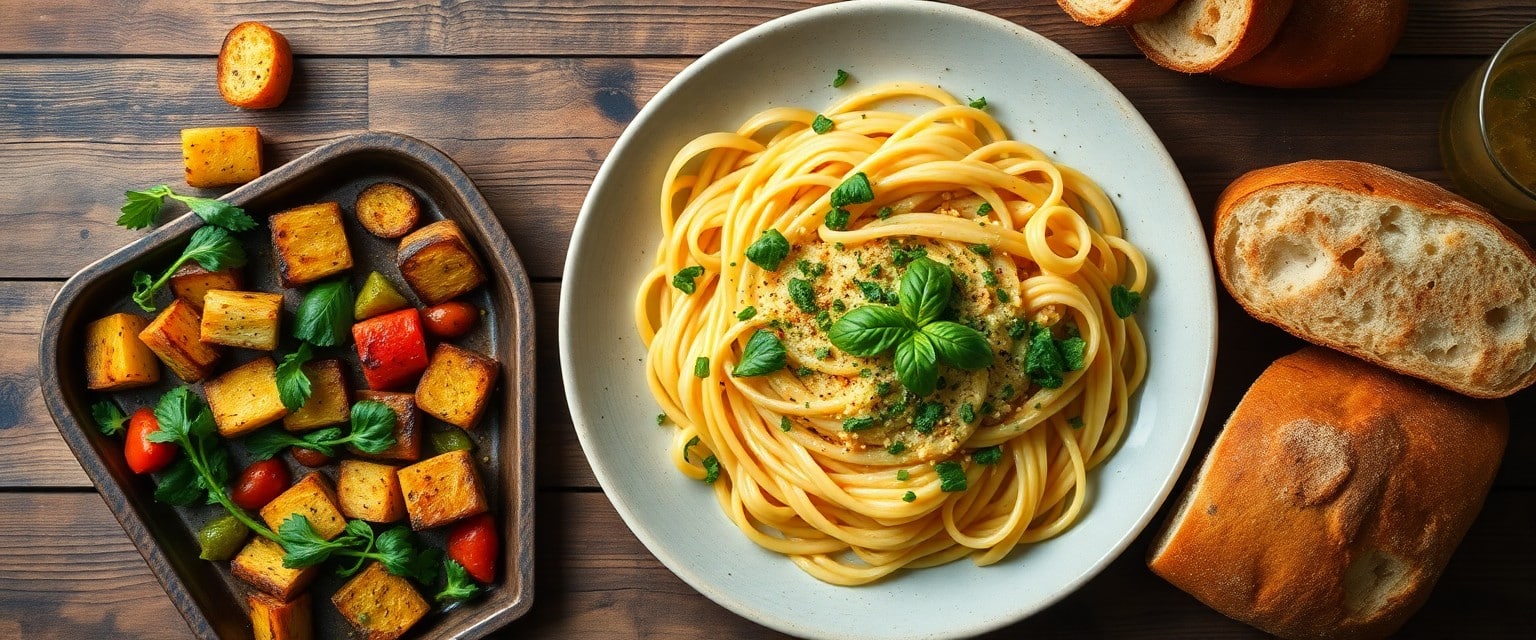 Quick pasta, roasted vegetables and bread for family dinner