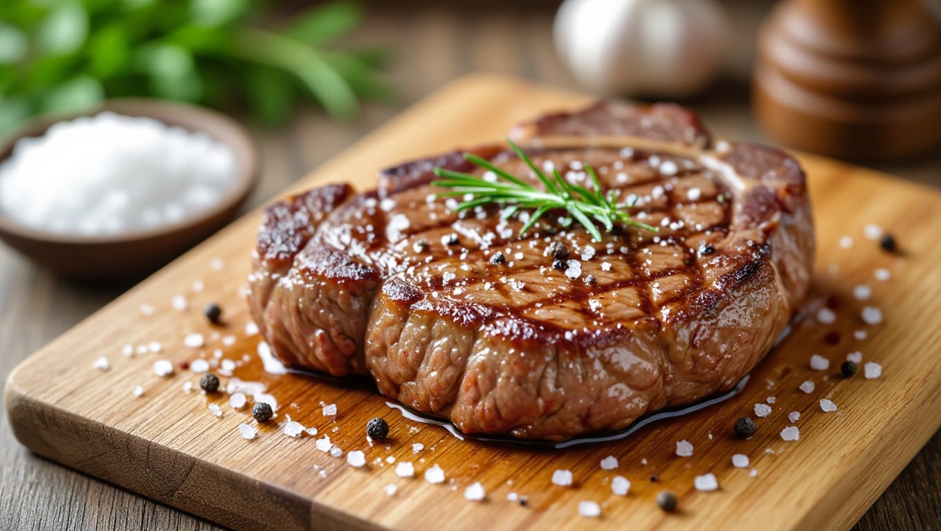 Resting medium rare steak with juices on wooden board
