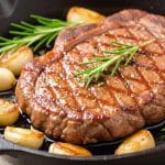 Steak searing in a hot pan with garlic and rosemary