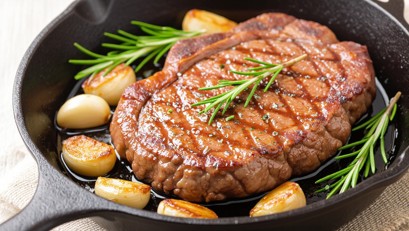 Steak searing in a hot pan with garlic and rosemary