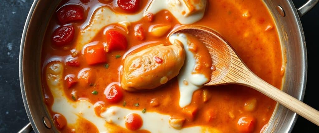 Pan cooking tikka masala sauce with spices and cream
