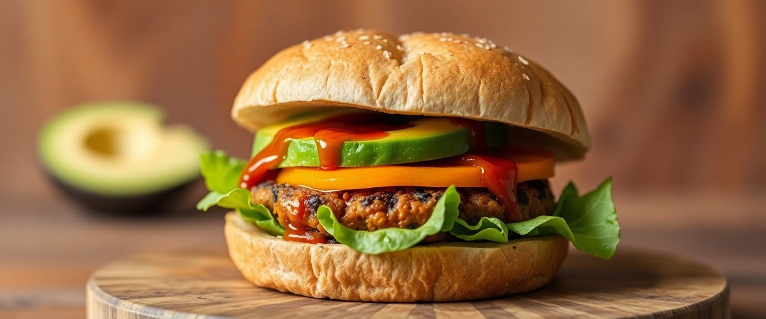 Sweet potato and black bean burger with avocado and smoke sauce on whole-wheat bun